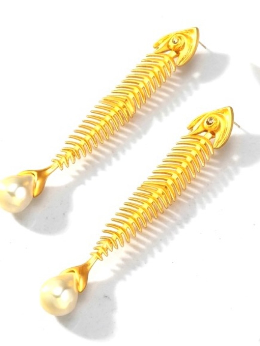 Vintage Imitation Pearl Gold Fishbone Drop Earrings - Picture 3 of 6